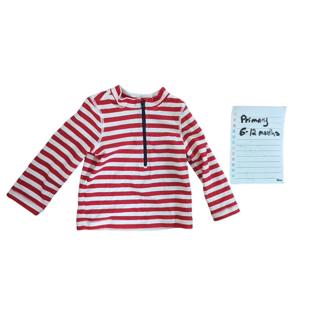 Primary tomato red striped baby swim rash guard. Size 6-12 Months.